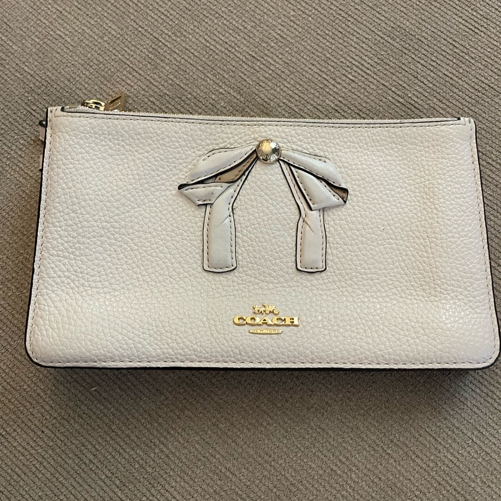 Coach Cream Leather Wristlet with Bow Accent